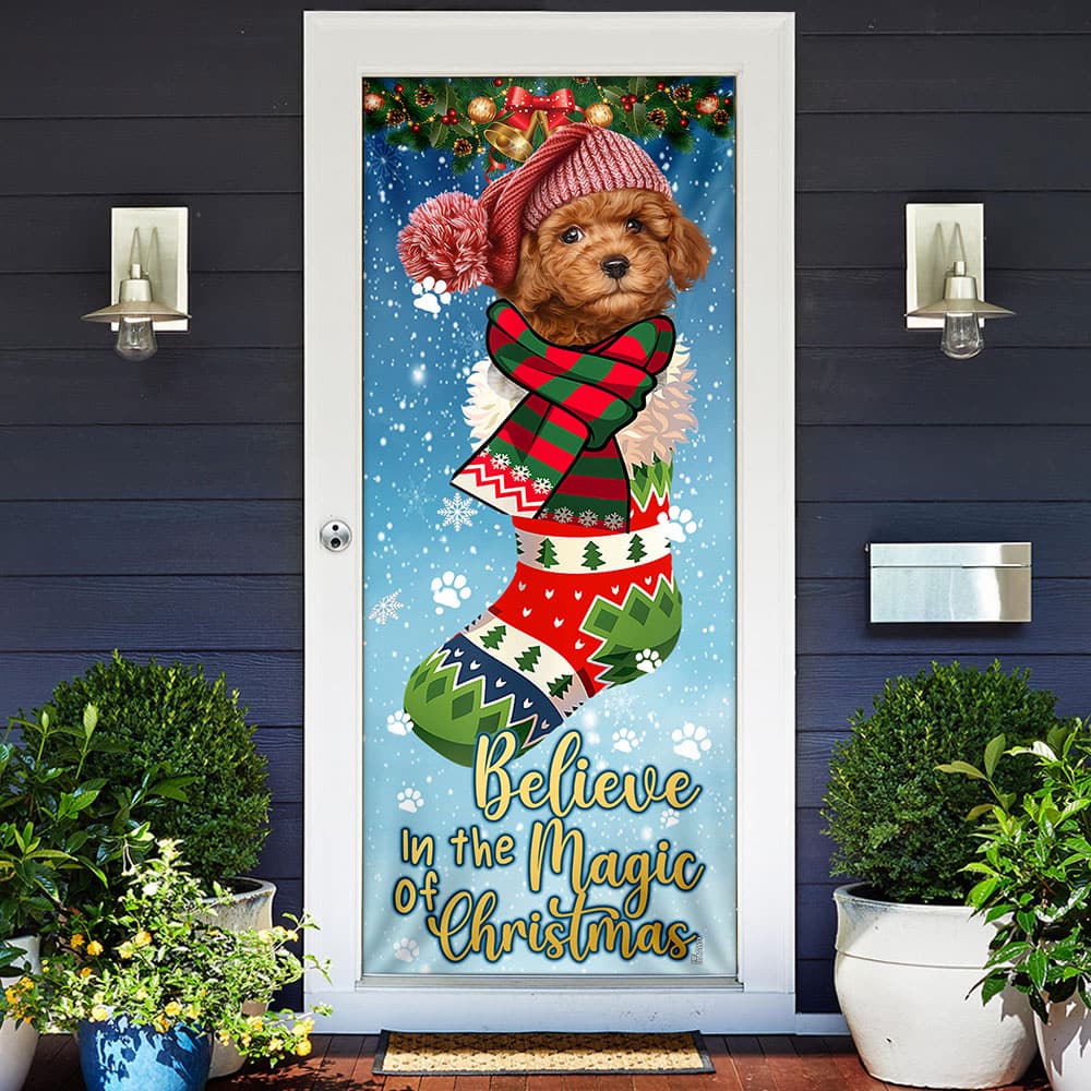 Inktee Store - Believe In The Magic Of Christmas Poodle In Sock Door Cover Image
