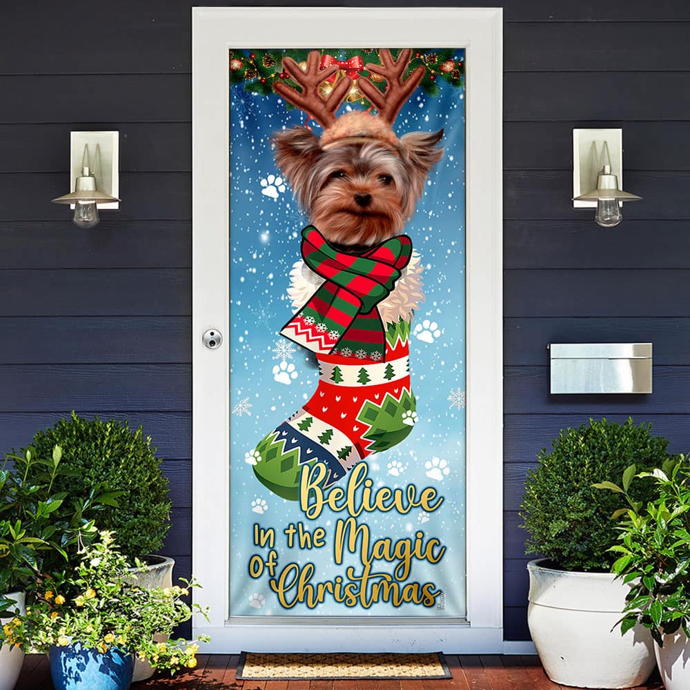 Inktee Store - Believe In The Magic Of Christmas Yorkshire Terrier In Sock Door Cover Image