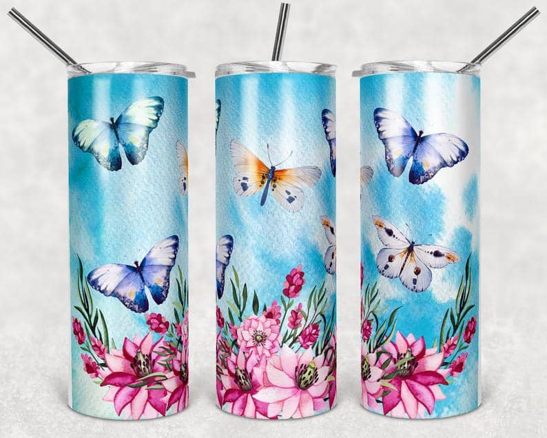 Butterfly And Floral Stainless Steel Tumbler