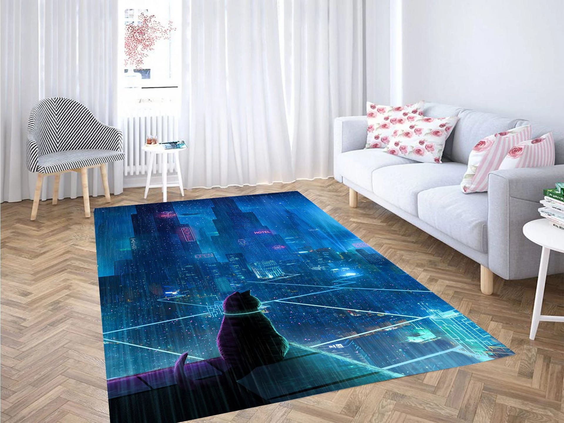 Cat In The Middle Futuristic City Carpet Rug