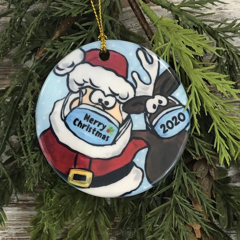 Covid Ornament Santa And Reindeer With Mask Christmas Pandemic Holiday 2020 Virus Covid19 Personalized Gifts