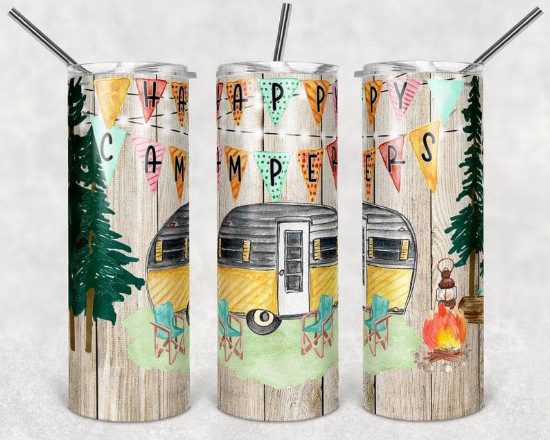 Faux Wood Happy Campers Vintage Retro Stainless Steel Tumbler