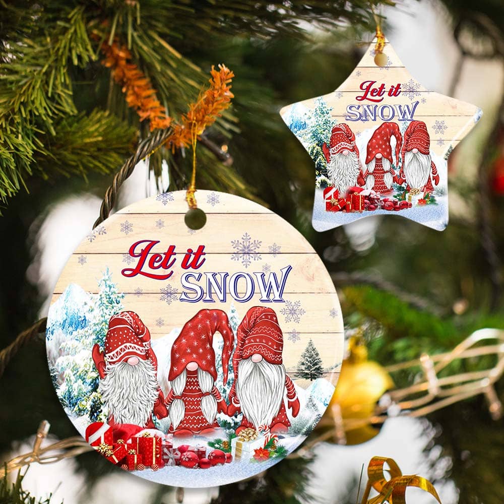 Gnomes Let It Snow Christmas Ceramic Circle Ornament Personalized Gifts