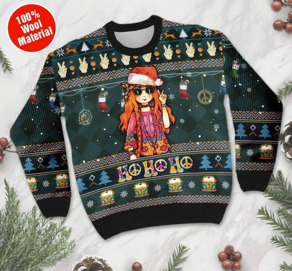 Inktee Store - Hippie Girl Ho Ho Ho Ugly Christmas Sweater Image