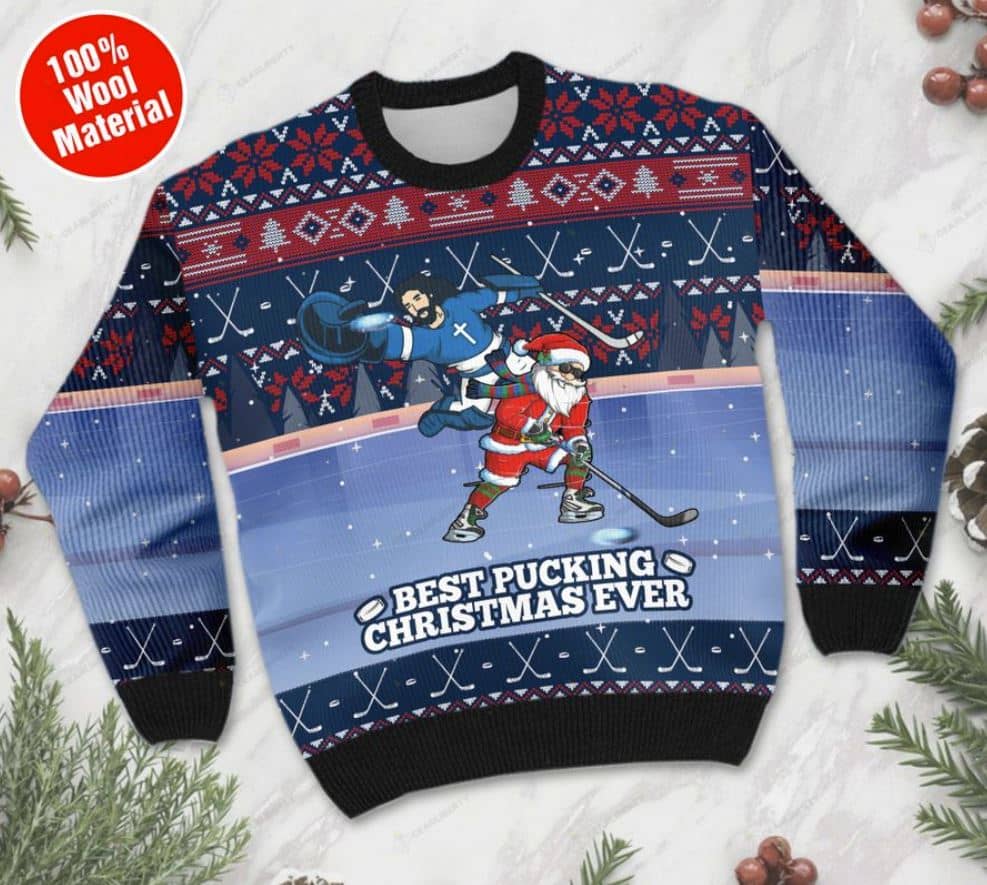 Inktee Store - Jesus And Santa Claus Best Pucking Christmas Ever Ugly Christmas Sweater Image