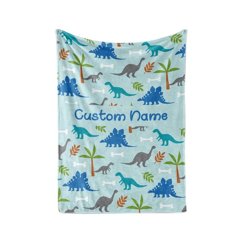 Light Blue Dinosaur - Personalized Custom Fleece And Sherpa Blankets With Your Child'S Name Fleece Blanket