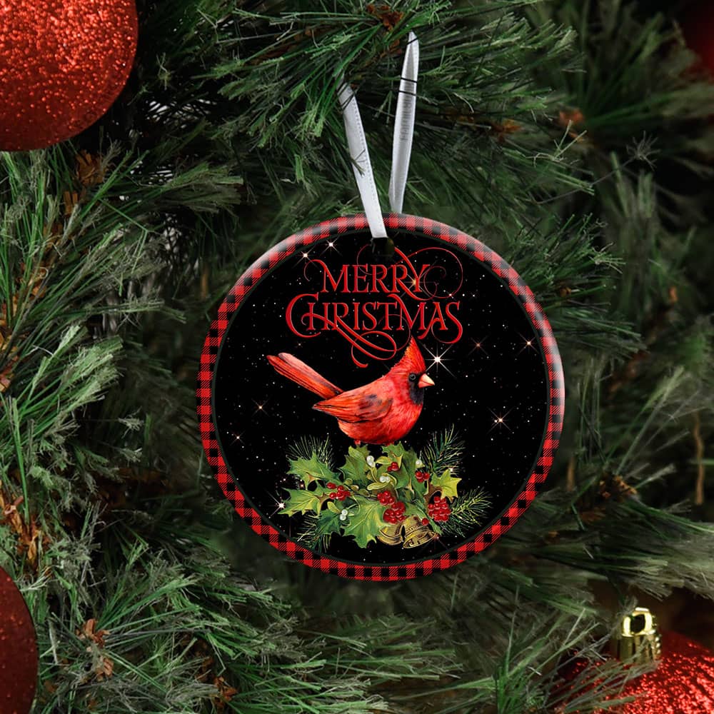 Merry Christmas Cardinal Ceramic Circle Ornament Personalized Gifts
