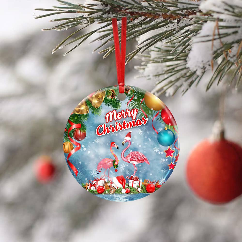 Merry Christmas Flamingo Ceramic Circle Ornament Personalized Gifts