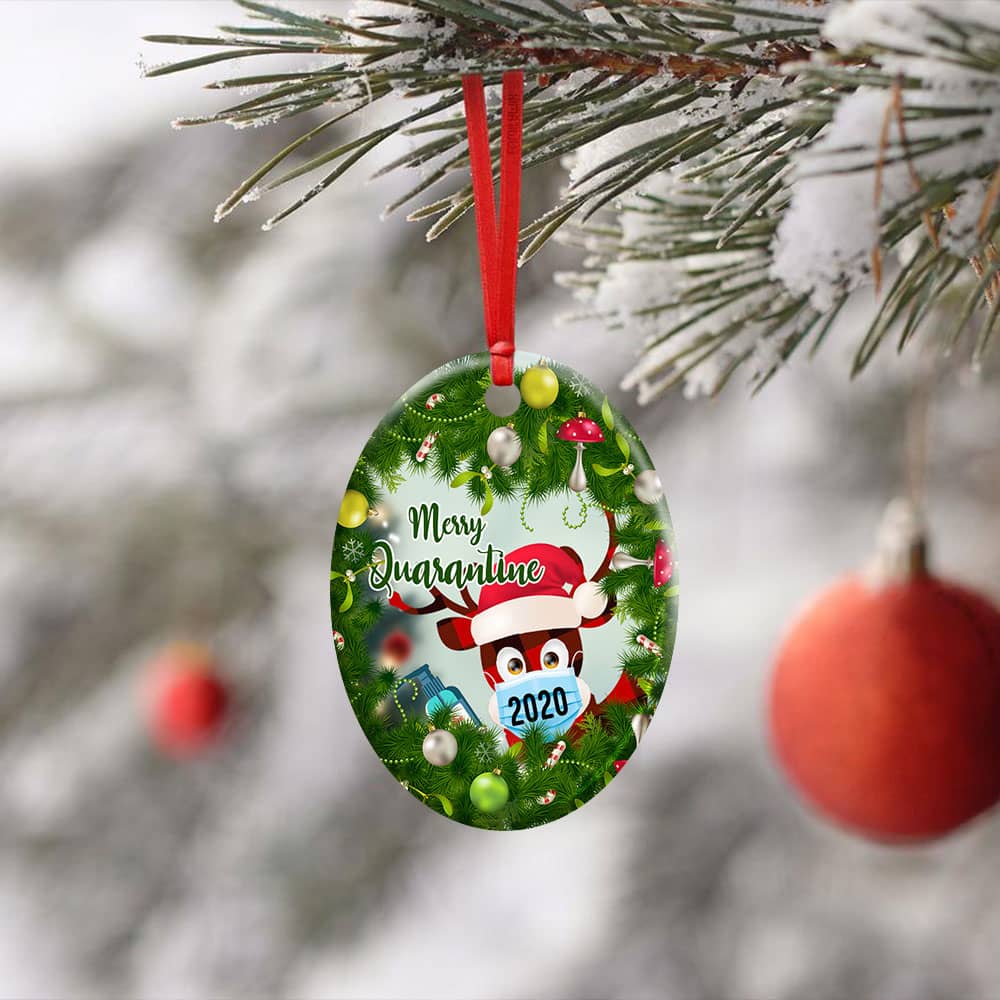 Merry Quarantine 2020 Christmas Deer Ceramic Star Ornament Personalized Gifts