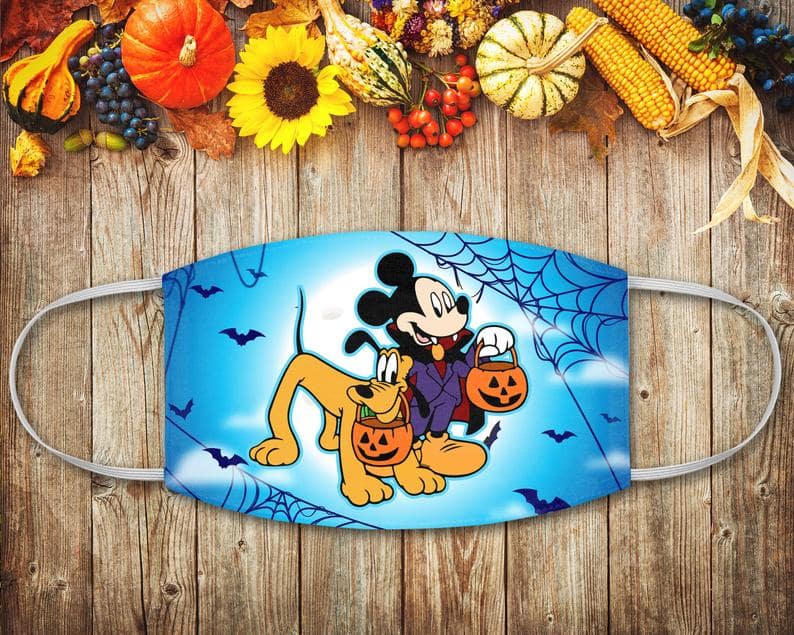 Mickey And Pluto Halloween Disney Dog Dracula Spiderwebs Bats Trick Or Treat Cloth Face Mask