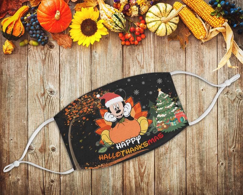 Mickey Happy Hallothanksmas Halloween Thanksgiving Christmas Santa Pumpkin Turkey Xmas Tree Maple Leaves Disney Fans Face Mask