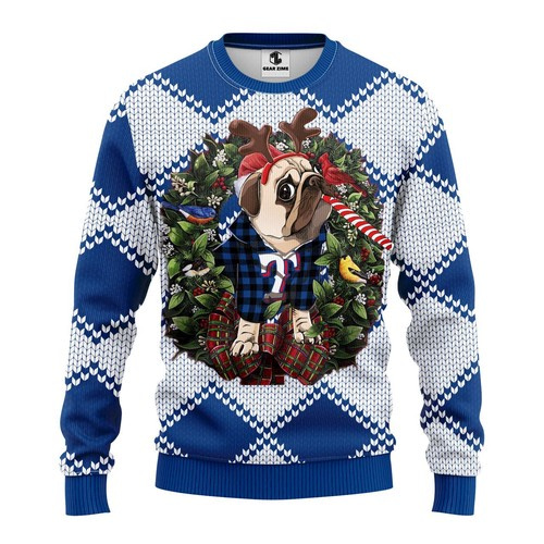 Mlb Texas Rangers Pug Dog Christmas Ugly Sweater