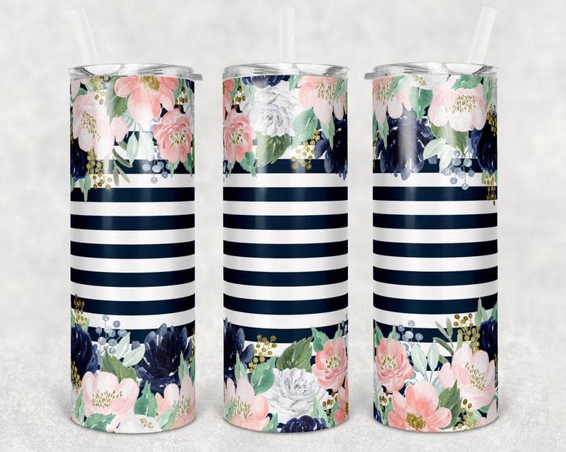 Navy Striped Blush Floral Stainless Steel Tumbler