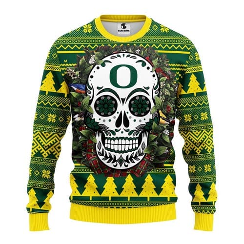 Ncaa Oregon Ducks Skull Flower Christmas Ugly Sweater