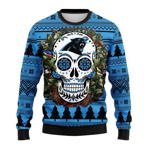 Nfl Carolina Panthers Skull Flower Christmas Ugly Sweater