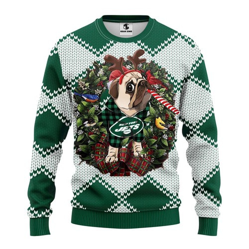 Nfl New York Jets Pug Dog Christmas Ugly Sweater