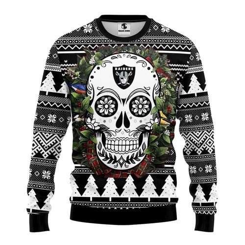 Nfl Oakland Raiders Skull Flower Christmas Ugly Sweater