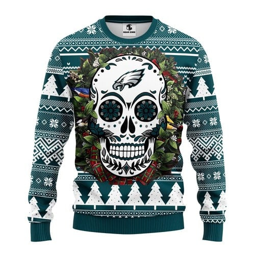 Nfl Philadelphia Eagles Skull Flower Christmas Ugly Sweater