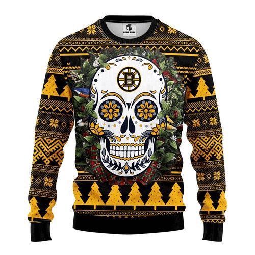 Nhl Boston Bruins Skull Flower Christmas Ugly Sweater
