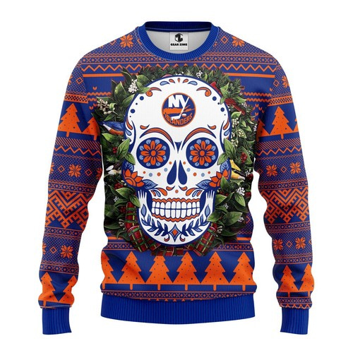 Nhl New York Islanders Skull Flower Christmas Ugly Sweater