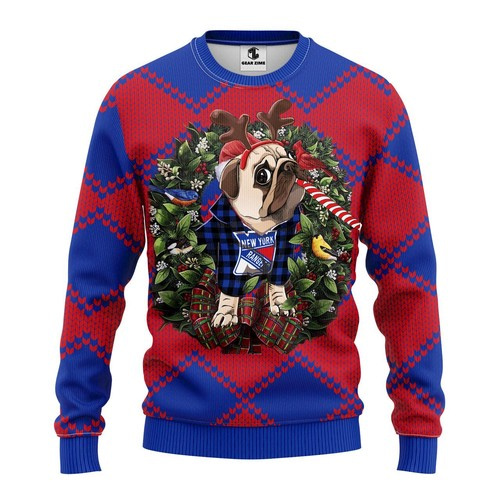 Nhl New York Rangers Pug Dog Christmas Ugly Sweater