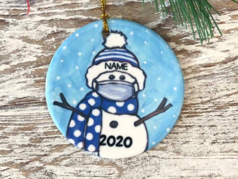 Personalized Covid Snowman With Mask Blue And White School Colors Name Ornament Pride Christmas Graduation 2020 Personalized Gifts