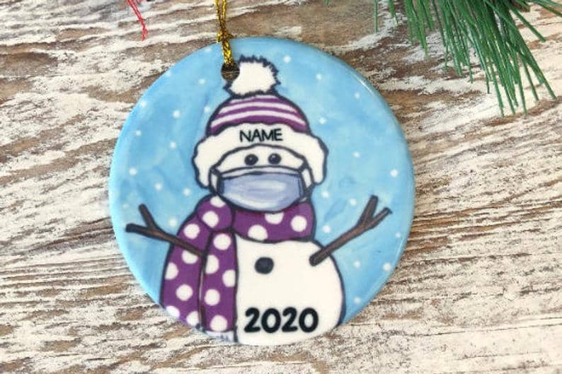 Personalized Covid Snowman With Mask Purple And White School Colors &Amp; Name Ornament Pride Christmas Graduation 2020 Personalized Gifts