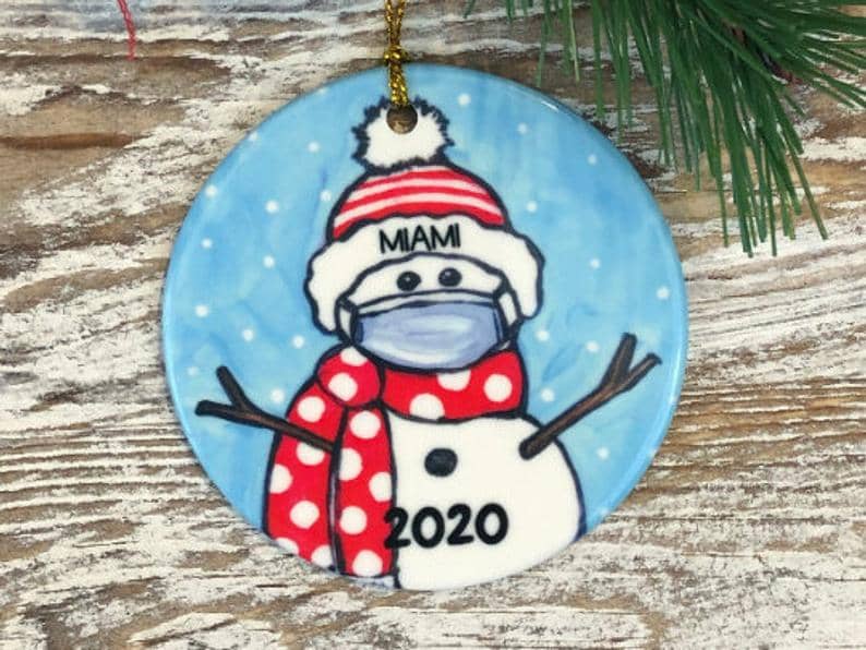 Personalized Covid Snowman With Mask Red And White School Colors Name Ornament Pride Christmas Graduation 2020 Personalized Gifts