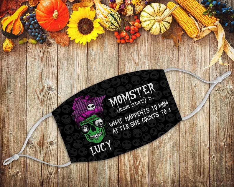 Personalized Mom Custom Kid Name Momster Skull Lady Nightmare Before Christmas Halloween For Moms Face Mask