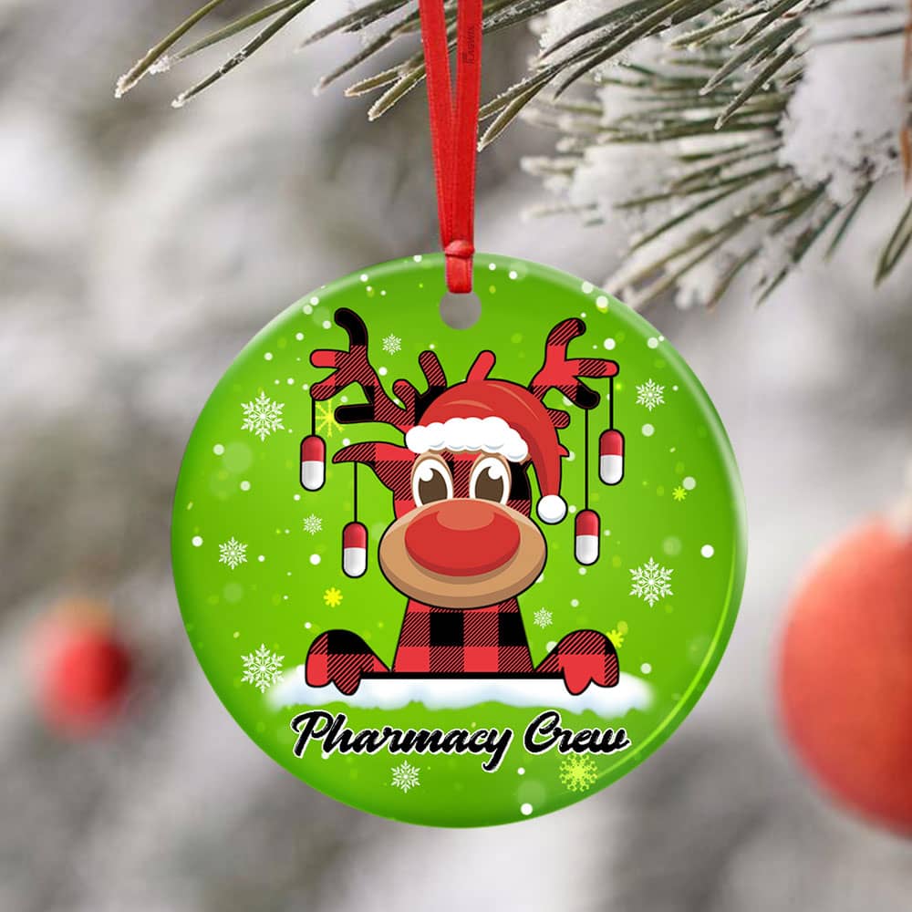 Pharmacy Crew Reindeer Pharmacist Christmas Ceramic Circle Ornament Personalized Gifts