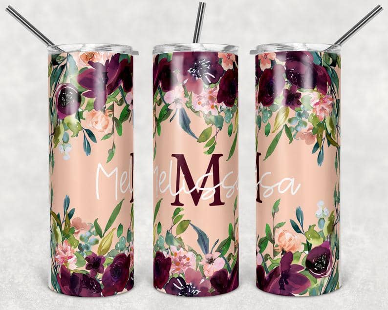 Pretty Peach And Maroon Floral Stainless Steel Tumbler