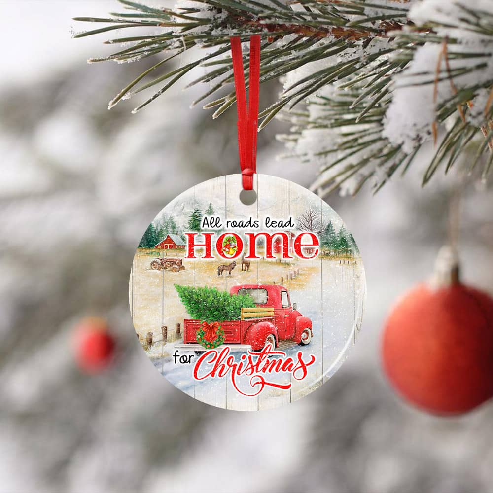 Red Truck All Roads Lead Home For Christmas Ceramic Circle Ornament Personalized Gifts