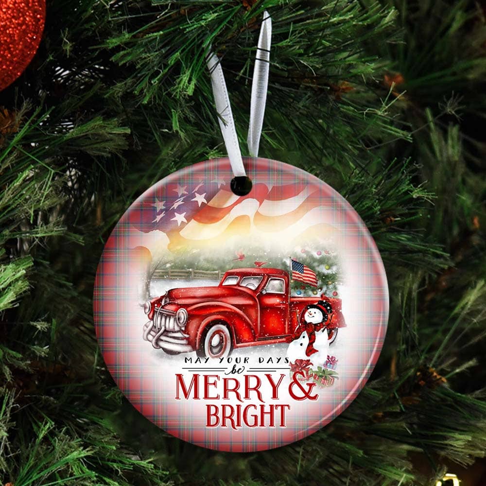 Red Truck Snowman Christmas Ceramic Circle Ornament Personalized Gifts