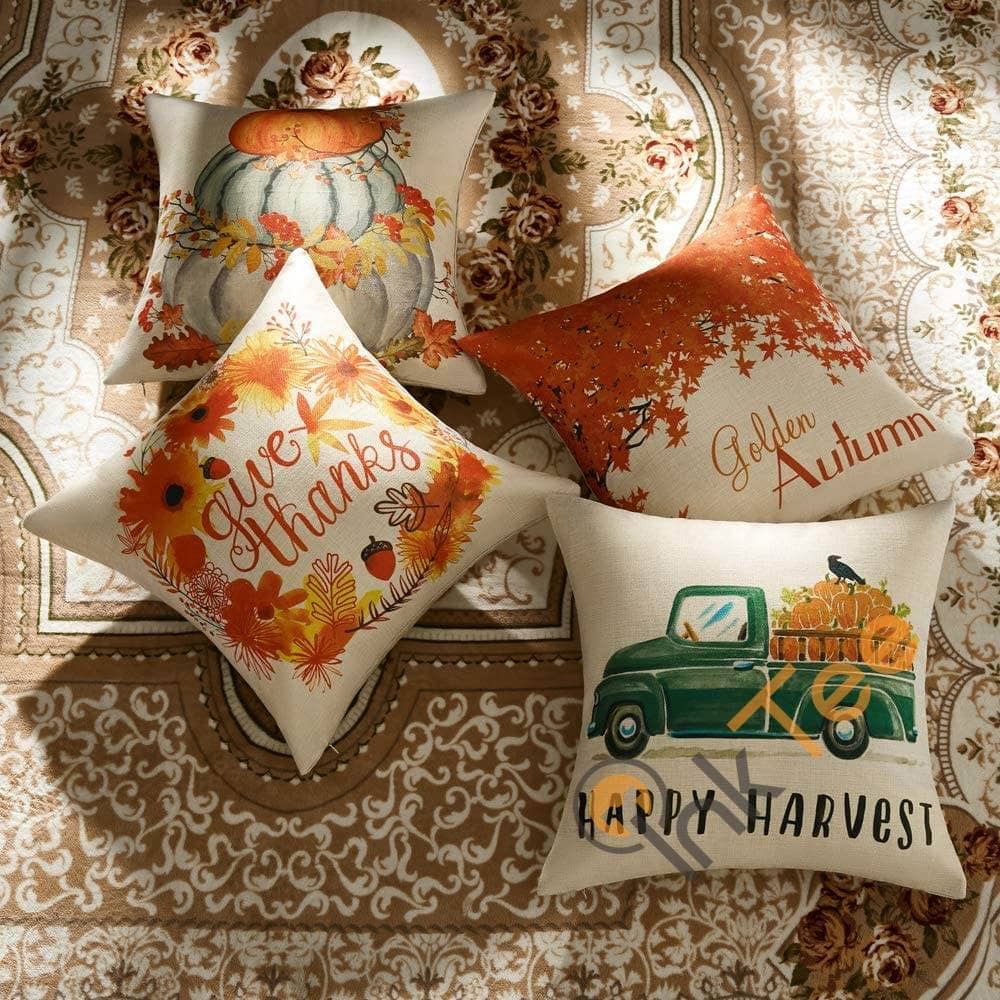 Inktee Store - Set Of 4 Fall Pillow Covers 18X18 Inch Happy Harvest Give Thanks Golden Autum Theme Cotton Linen Personalized Gifts Image