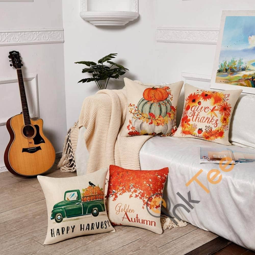 Inktee Store - Set Of 4 Fall Pillow Covers 18X18 Inch Happy Harvest Give Thanks Golden Autum Theme Cotton Linen Personalized Gifts Image