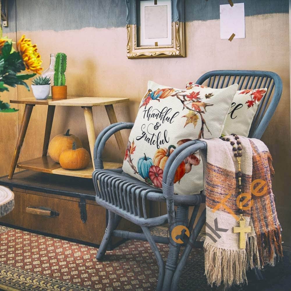 Inktee Store - Set Of 4 Pumpkin Thanksgiving Farmhouse Decorative Autumn Pillowcase Cotton Linen Cushion Case Personalized Gifts Image
