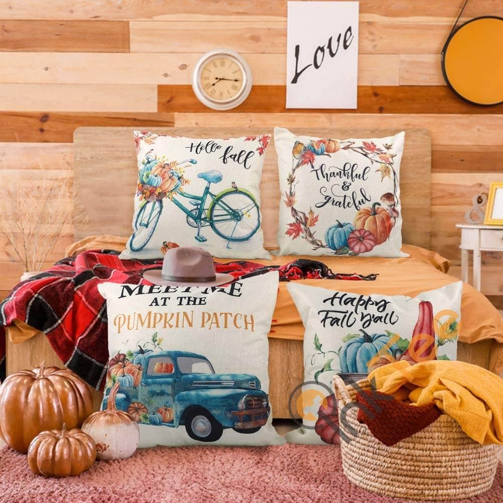 Inktee Store - Set Of 4 Pumpkin Thanksgiving Farmhouse Decorative Autumn Pillowcase Cotton Linen Cushion Case Personalized Gifts Image