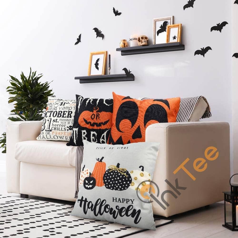 Inktee Store - Set Of 4 Trick Or Treat Pumpkin Pillow Covers Holiday Rustic Linen Decorations Personalized Gifts Image
