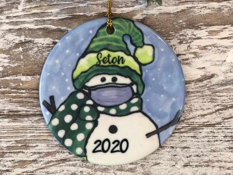 Seton High School Covid Snowman With Mask Christmas Ornament Pandemic 2020 Tree Trimming Holiday Covid19 Personalized Gifts