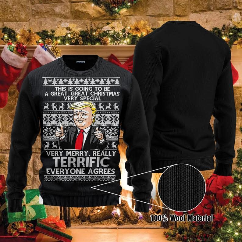 Very Merry Really Terrific Trump Donald President Christmas 100% Wool Ugly Sweater