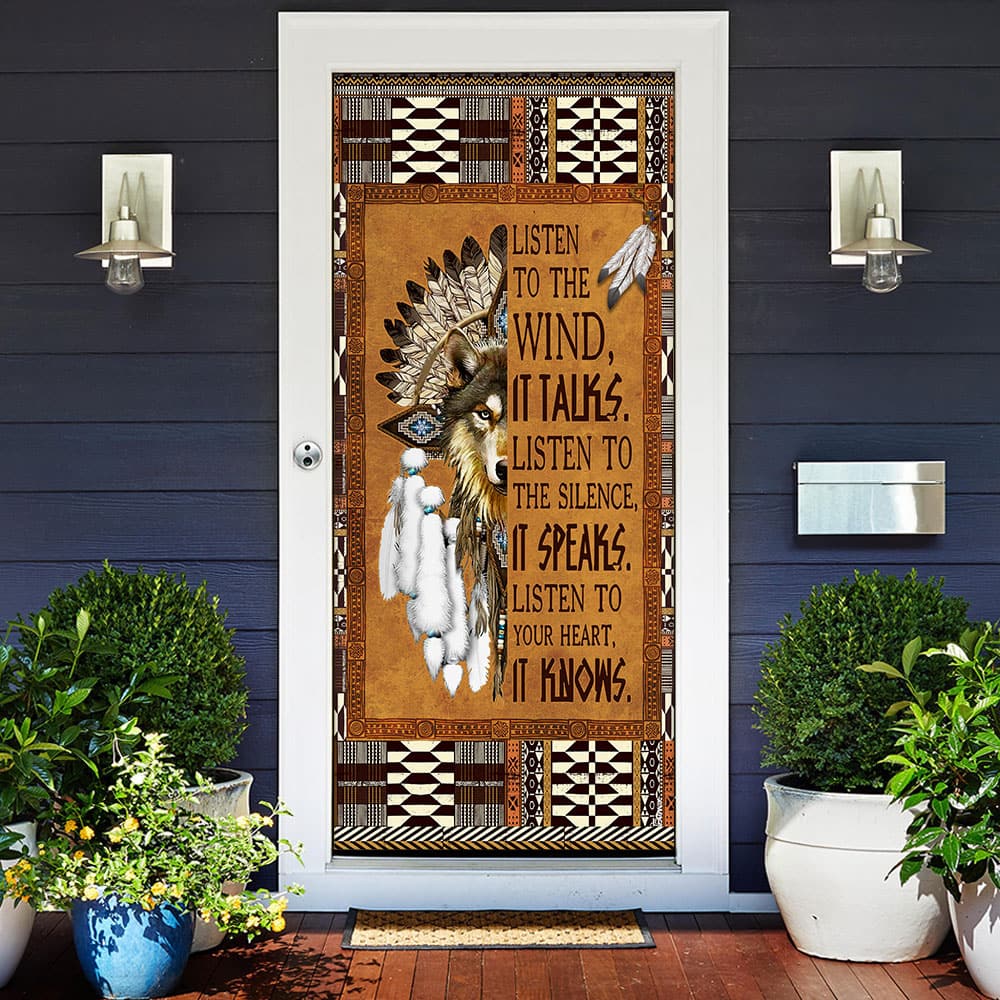 Inktee Store - Wolf Dream Catcher Listen To The Wind It Talks Door Cover Image