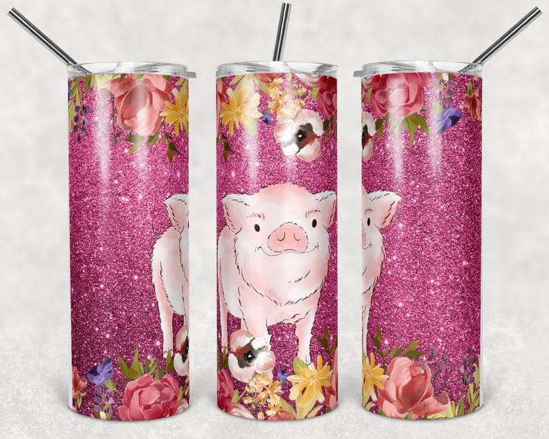 Yellow Pig And Flowers Stainless Steel Tumbler