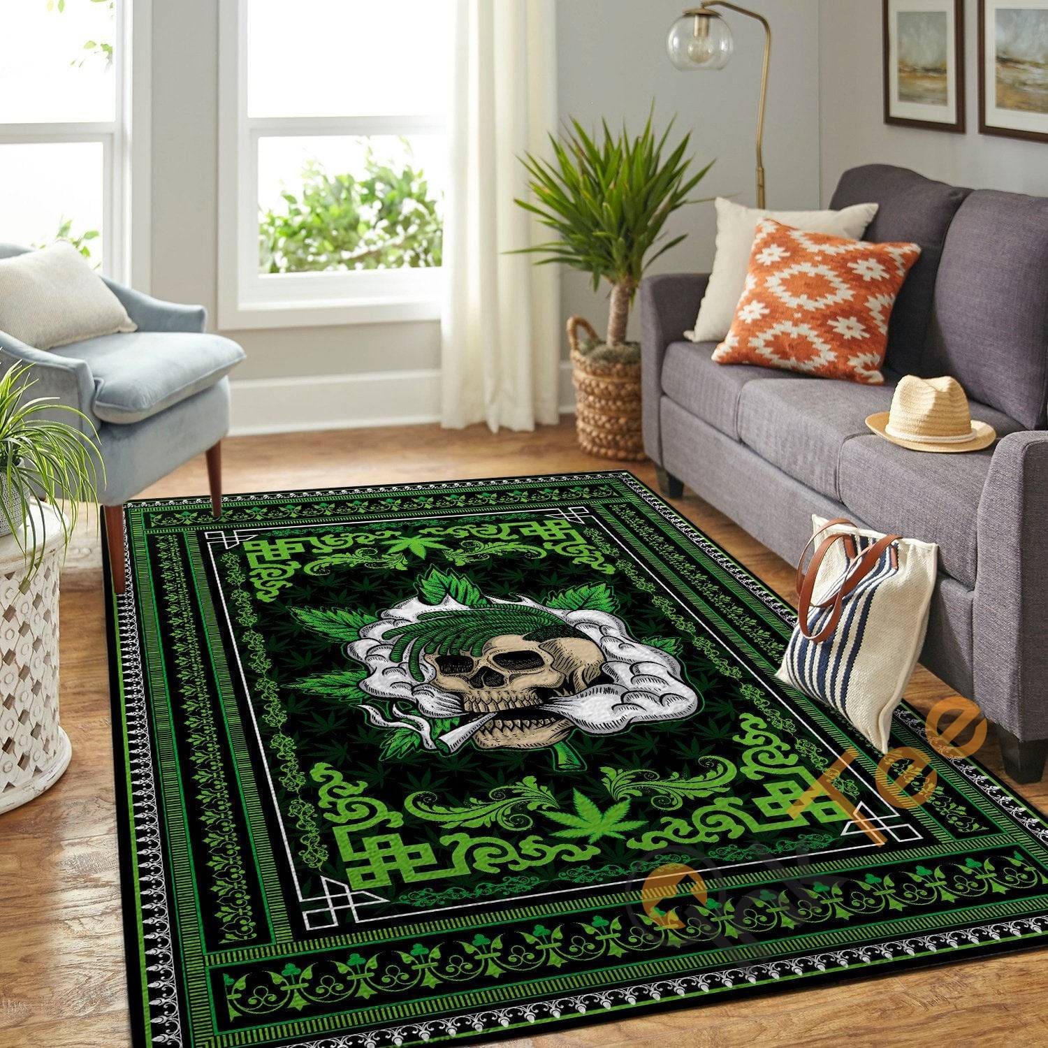 A Skull With Cannabis In Green Background Hippie Cool Carpet Floor Decor Soft Livingroom Bedroom Highlight For Home Rug