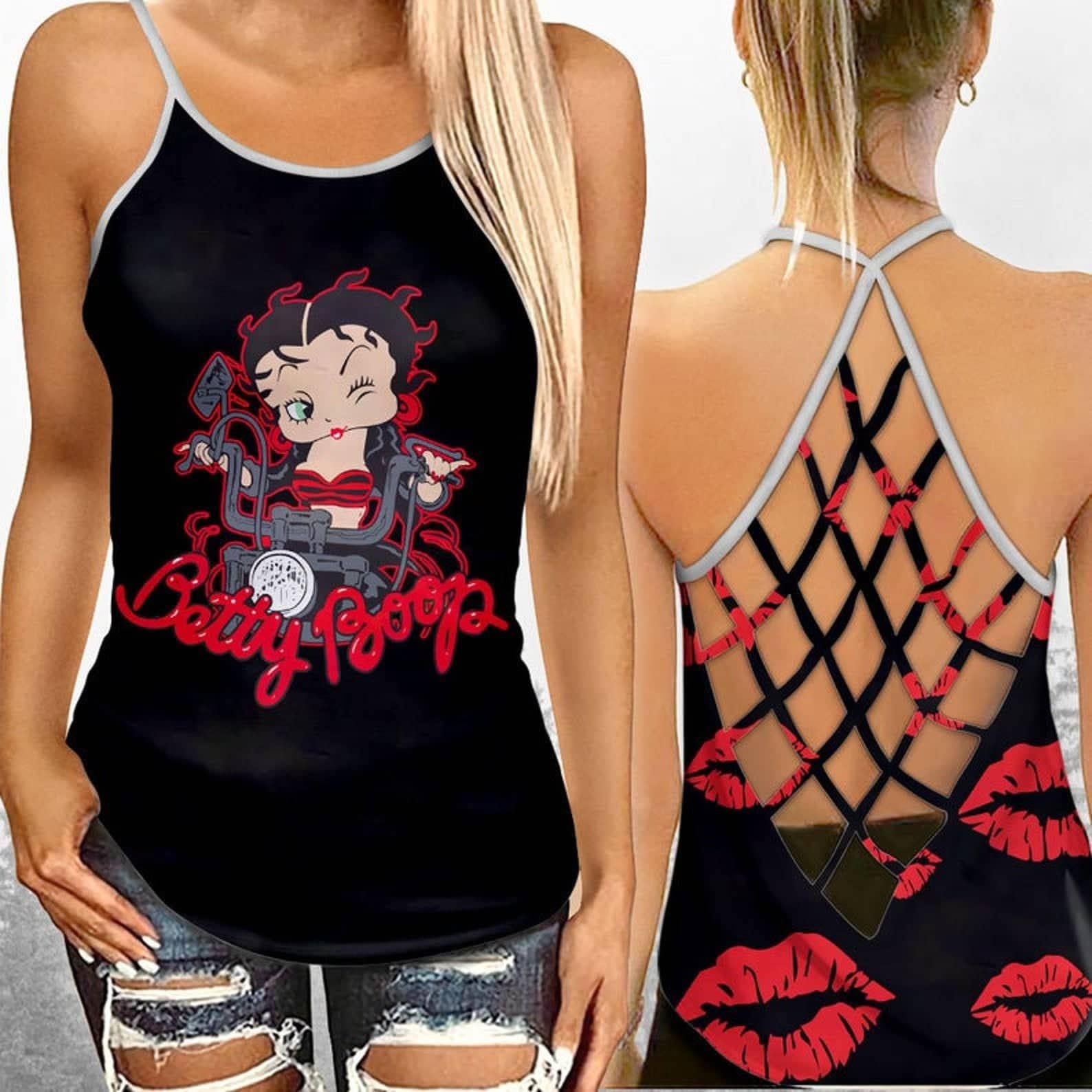 Betty Boop Motorcycle Mother's Day Gift Criss Cross Tank Top