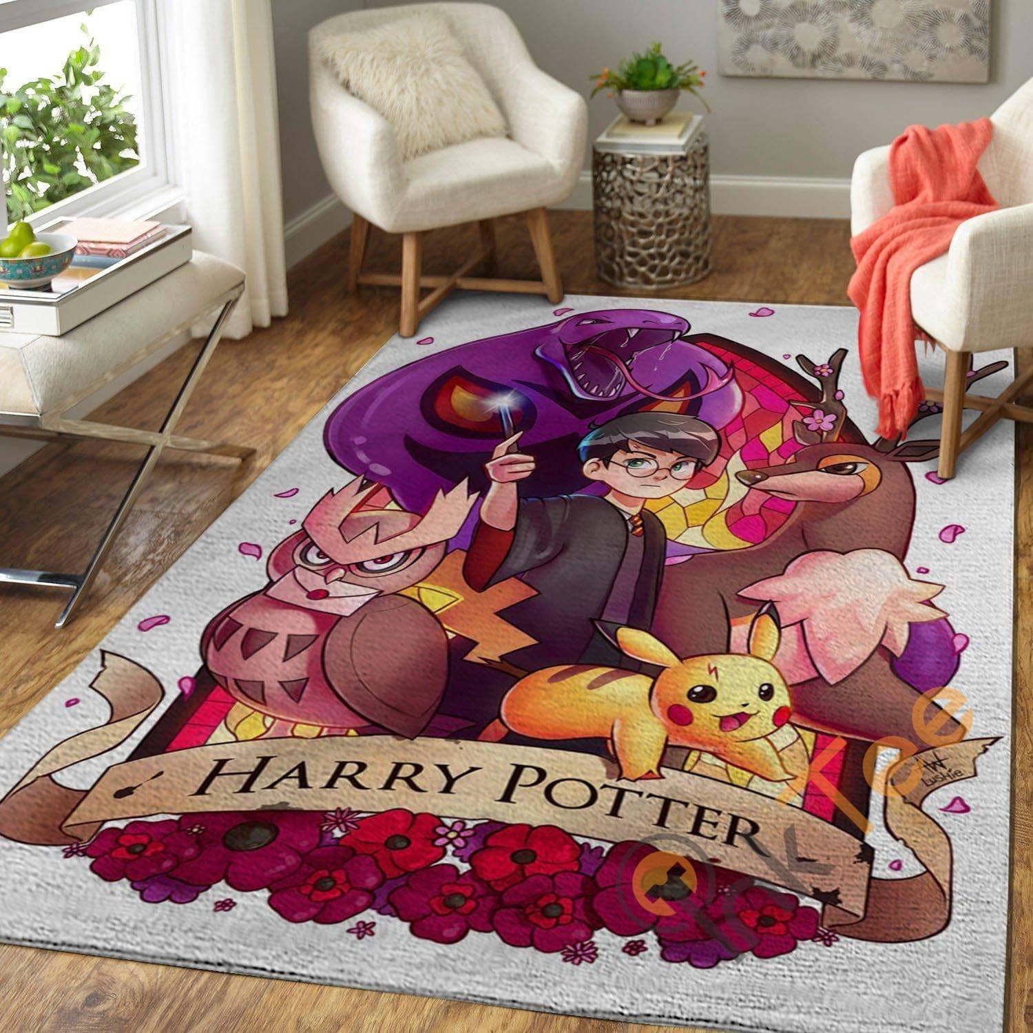Cute Harry Potter Chibi And Pikachu Carpet Living Room Floor Decor Gift For Potter's Fan Rug