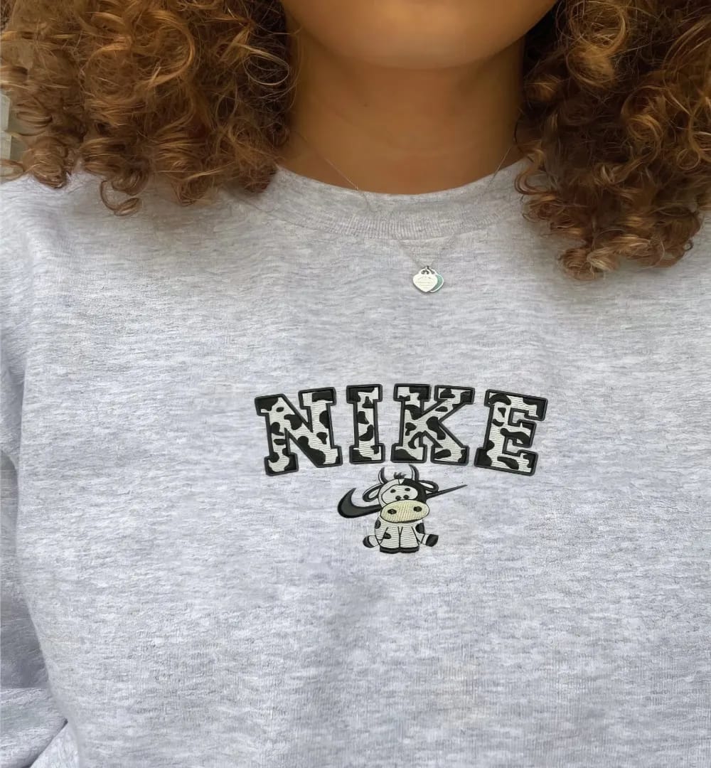 Embroidered Nike Inspired Cow Crewneck Sweatshirt, T-Shirt, Hoodie Embroidery