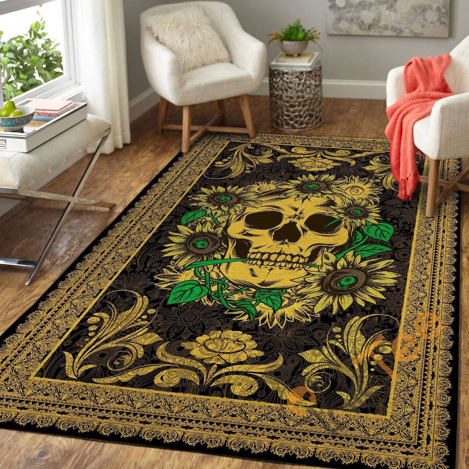 Golden Skull With Sunflowers Royal Pattern Hippie Floor Decor Soft Living Room Bedroom Carpet Highlight For Home Rug