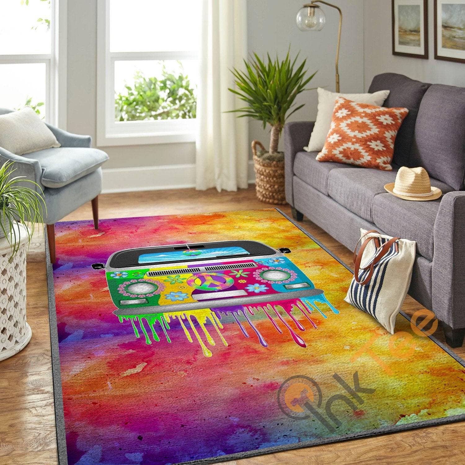 Peace Colourful Van Pattern In Hippie Soft Livingroom Carpet Highlight For Home Beautiful Rug