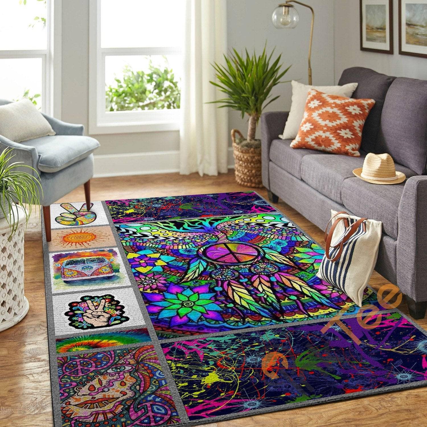 Peace Sign In Dreamcatcher & Colourful Hippie Pattern Soft Livingroom Carpet Highlight For Home Giftforher Rug