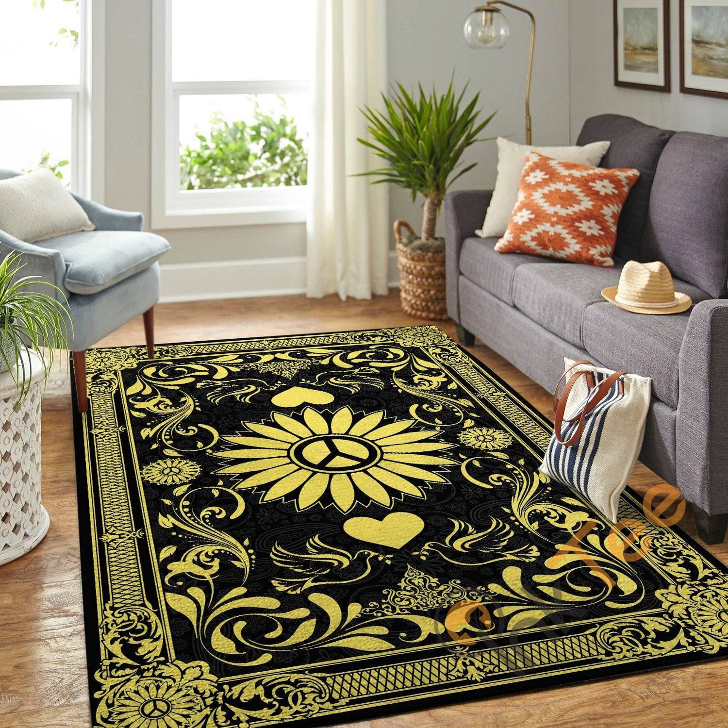 Peace Sign In The Sunflower Black &Amp; Golden Pattern Hippie Soft Livingroom Carpet Highlight For Home Rug